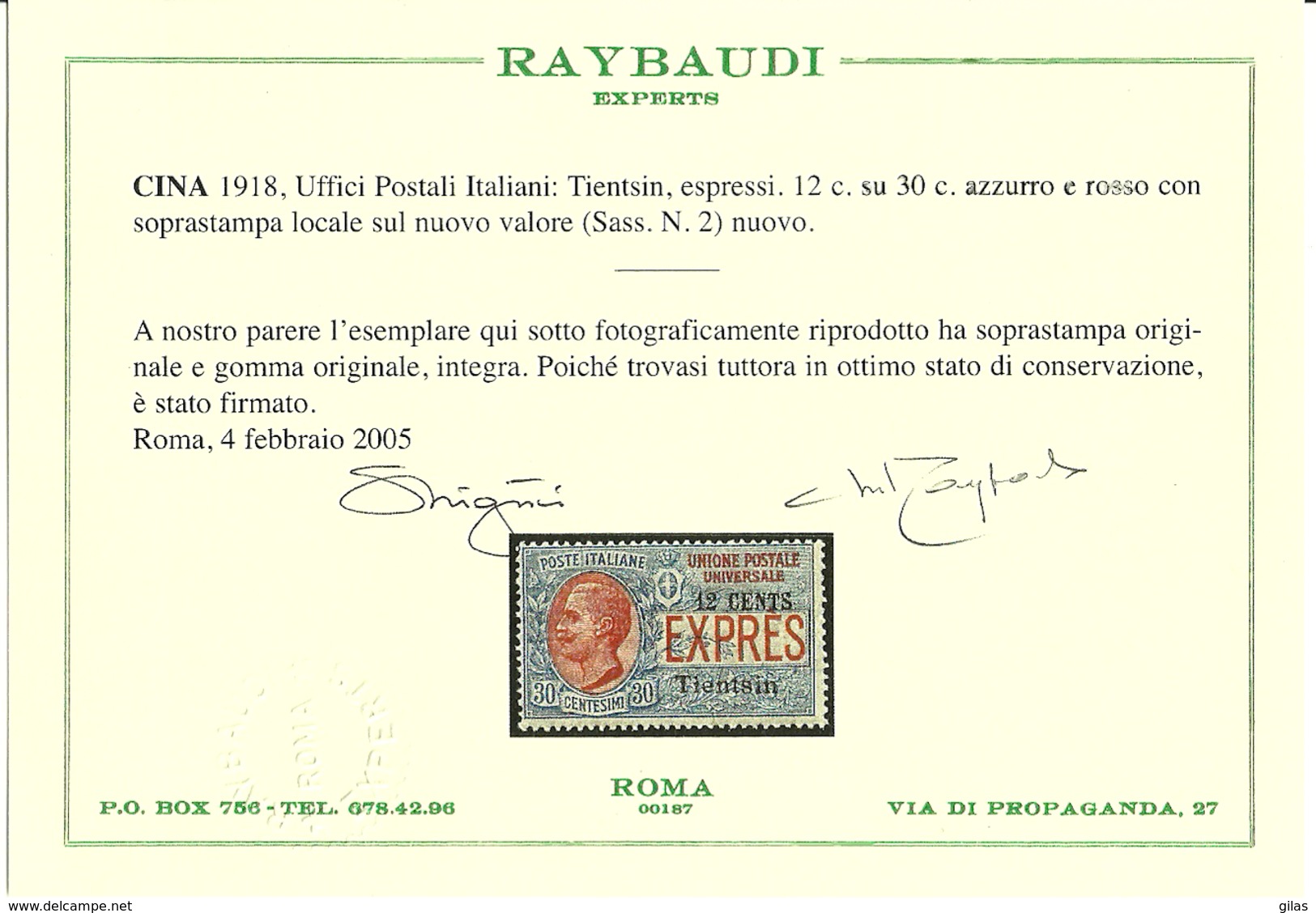 1917/18 Tientsin, Espressi, 2 Valori, 1 Bordo Di Foglio MHN Cert Raybaudi - Tientsin