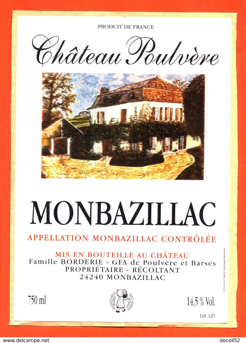 étiquette Autocollante Vin De Monbazillac Chateau Poulvère Famille Borderie à Monbazillac - 75 Cl - Monbazillac