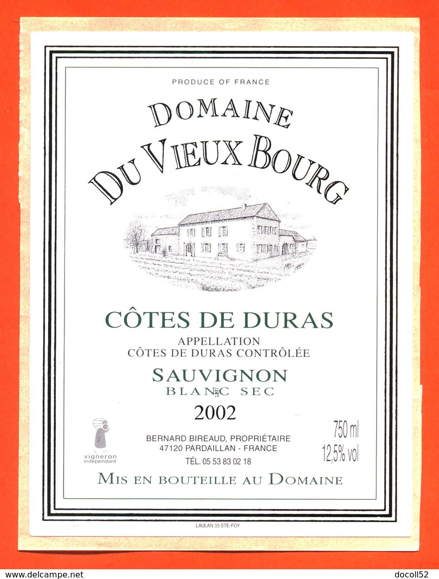 étiquette Autocollante Vin De Cotes De Duras Domaine Du Vieux Bourg 2002 Bireaud à Pardaillan - 75 Cl - Monbazillac