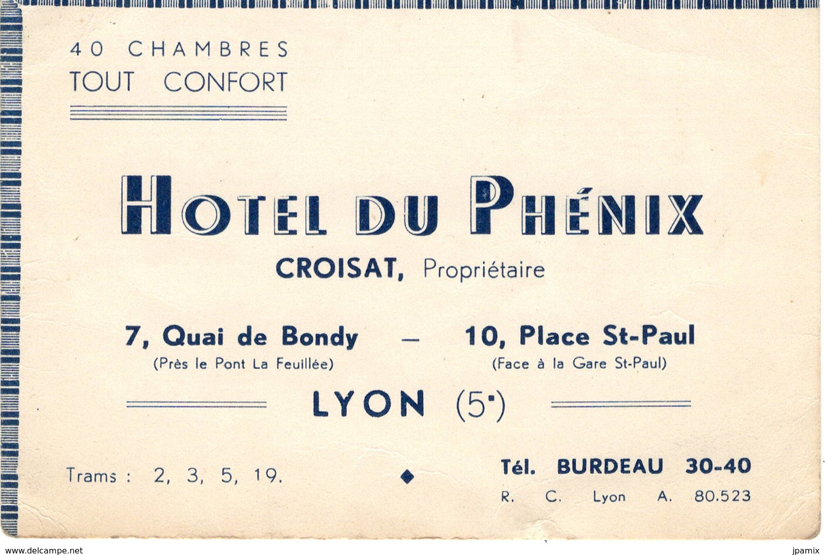 Carton  Publicitaire : Hôtel Du Phénix à Lyon , Croisat Propriétaire , Dans Les Années 60 - Tarjetas De Visita