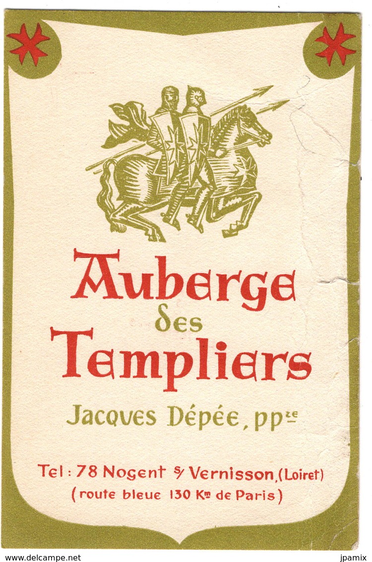 Carton  Publicitaire : Auberge Des Templiers à Nogent Sur Vernisson , Dans Les Années 60 - Cartes De Visite