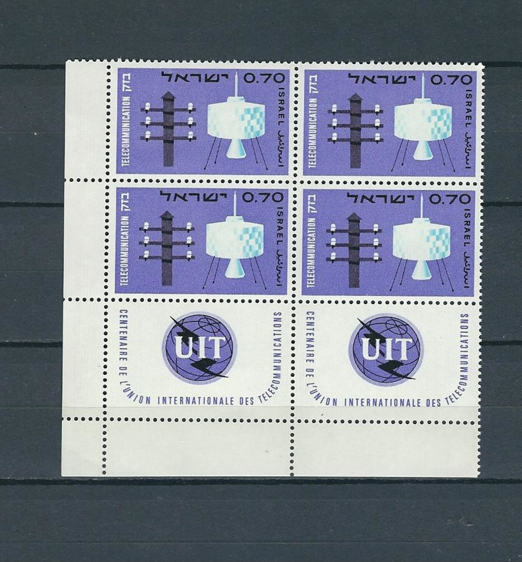 ISRAEL 1965 CENTENARY OF UIT (ITU) -  MNH WITH TABS (BLOCK OF FOUR) - Nuevos (con Tab)