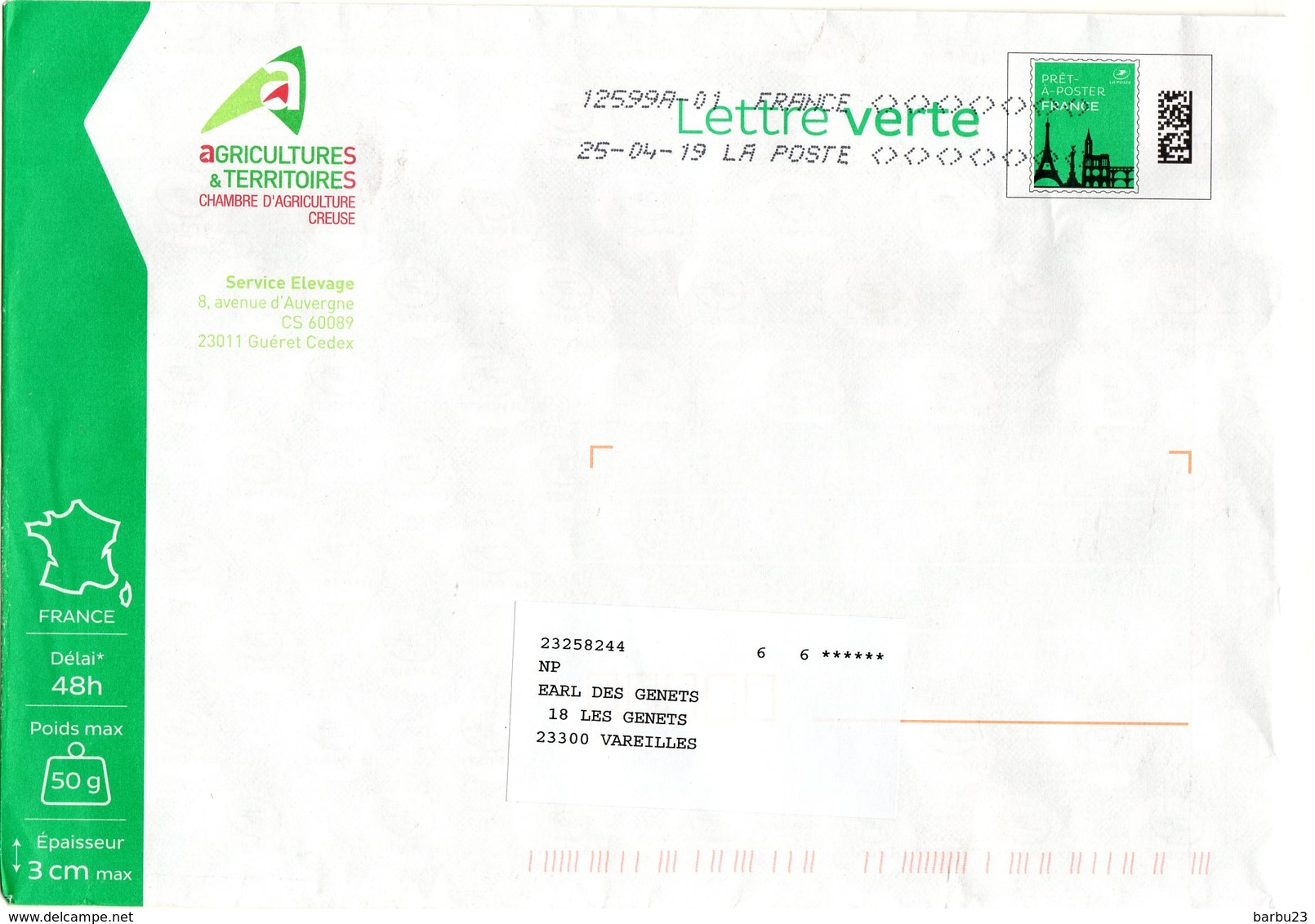 PAP Pret à Poster  Lettre Verte 50g 142599 Ayant Circulé En-tête Chambre D'Agriculture De La Creuse - PAP : Altri (1995-...)