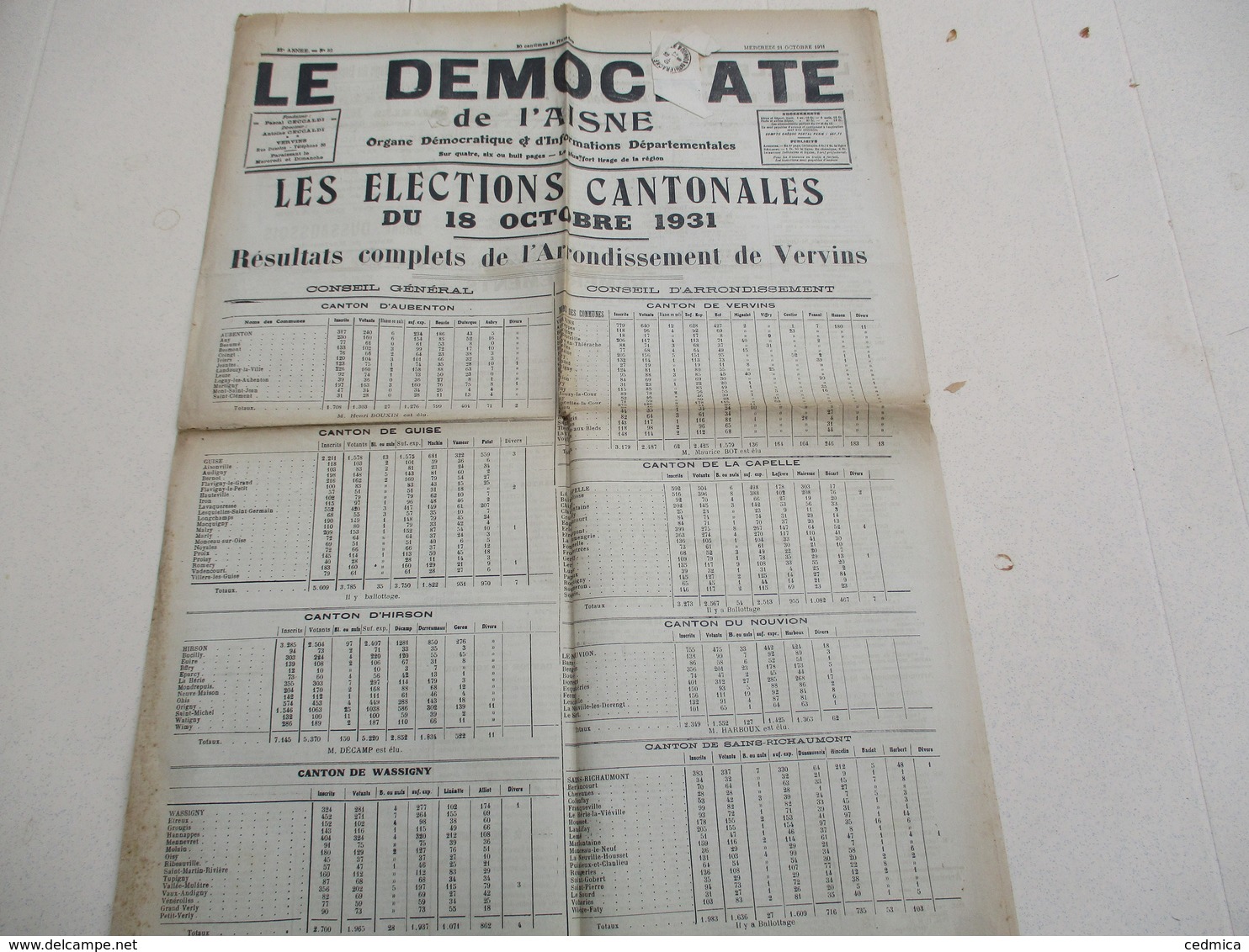 LE DEMOCRATE DE L'AISNE VERVINS 21 OCTOBRE 1931 RESULTATS CANTONALES DU 18 OCTOBRE,OBSEQUES DE MONSIEUR COUESNON - Sonstige & Ohne Zuordnung