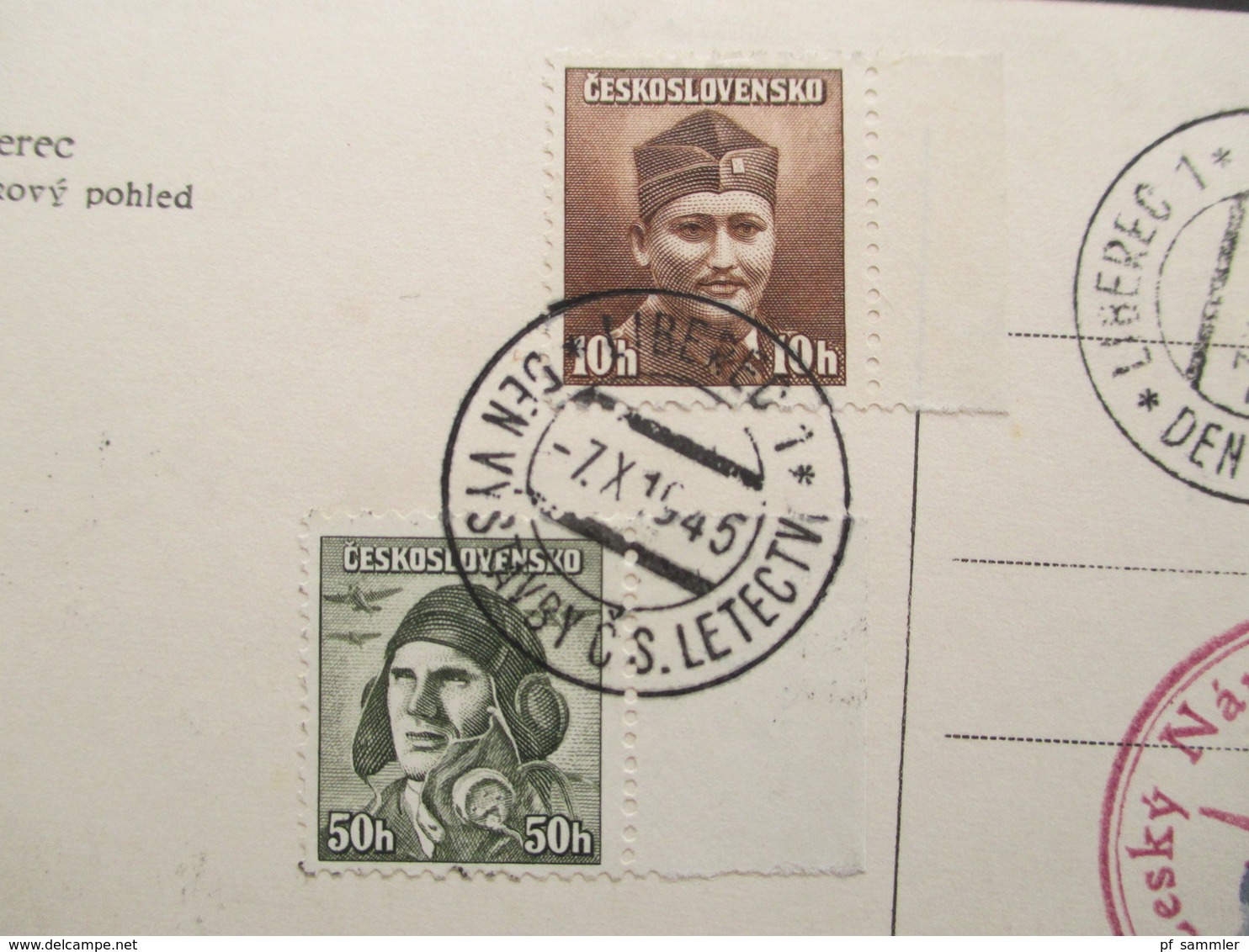 AK CSSR Liberec 7.10.1945 Violetter Stempel Cesky Narodni Aeroklub Liberec / Seltener Stempel!! Fliegerclub - Brieven En Documenten