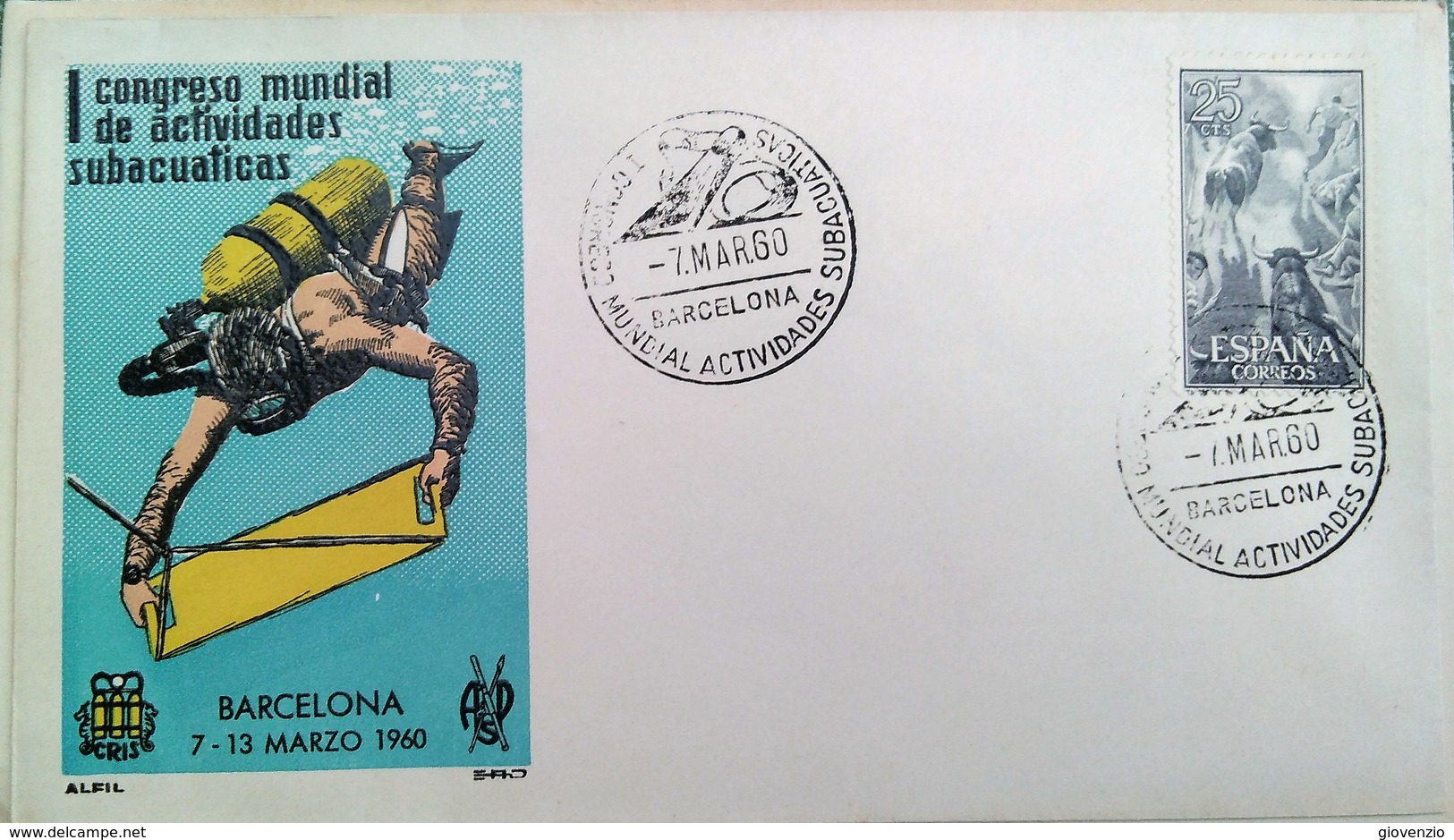SPAIN 1960 SPORT CONGRESO MUNDIAL DE ACTIVITA SUBACQUEA CANCEL AND COVER - Storia Postale