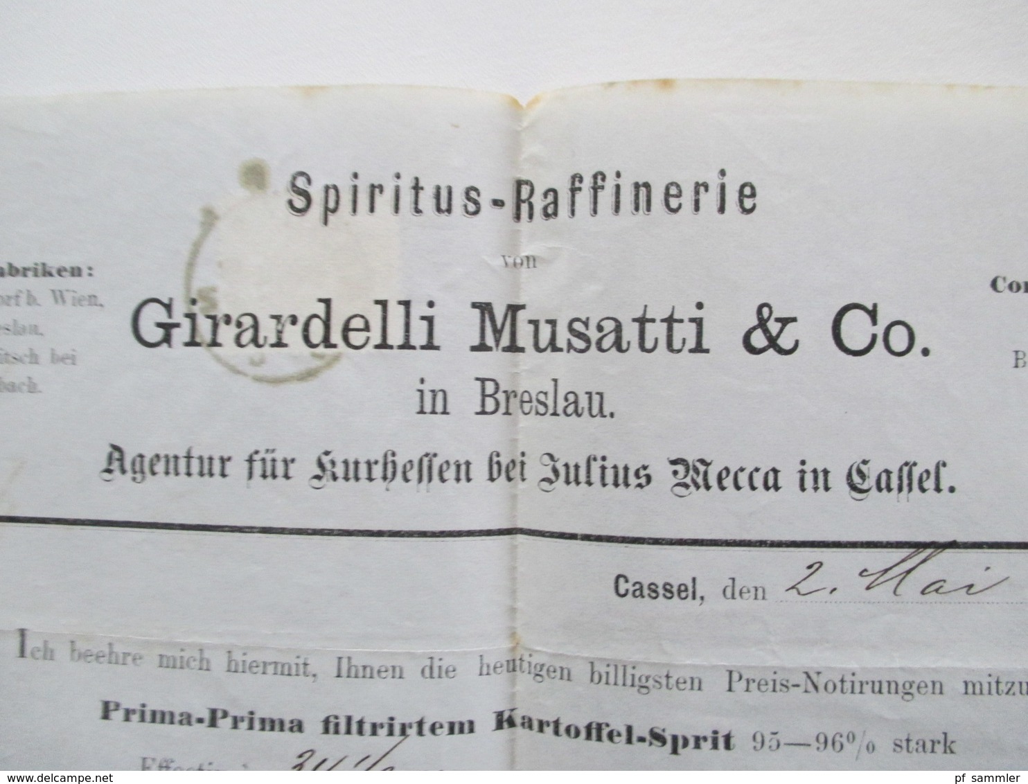 AD NDP 1869 Nr. 14 EF Drucksache /Firmenbrief Spiritus Raffinerie Girardelli Musatti Breslau Kartoffel Sprit. K1 Cassel