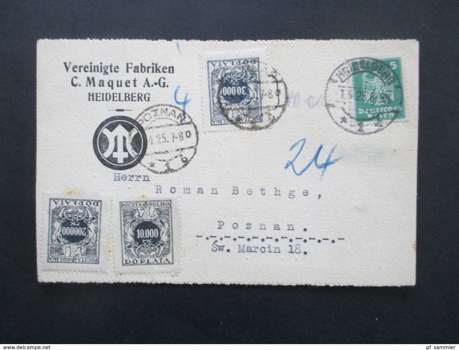 DR 1925 Firmenkarte C. Maquet AG Heidelberg Nach Posen Gesendet Mit 3 Polnischen Nachporto Marken Gestempelt Poznan - Briefe U. Dokumente