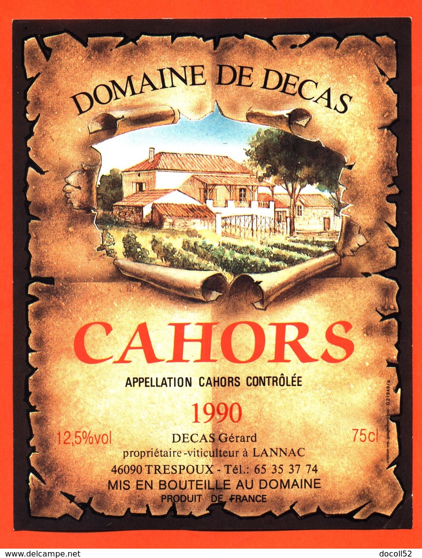 étiquette Vin De Cahors Domaine De Decas 1990 Gérard Decas à Lannac - 75 Cl - Cahors