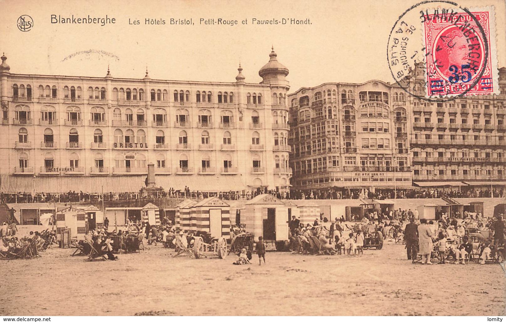 Belgique Blankenberghe Les Hotels Bristol Petit Rouge Et Pauwels D' Hondt Timbre Surchargé Cachet 1929 Cpa Carte Animée - Blankenberge