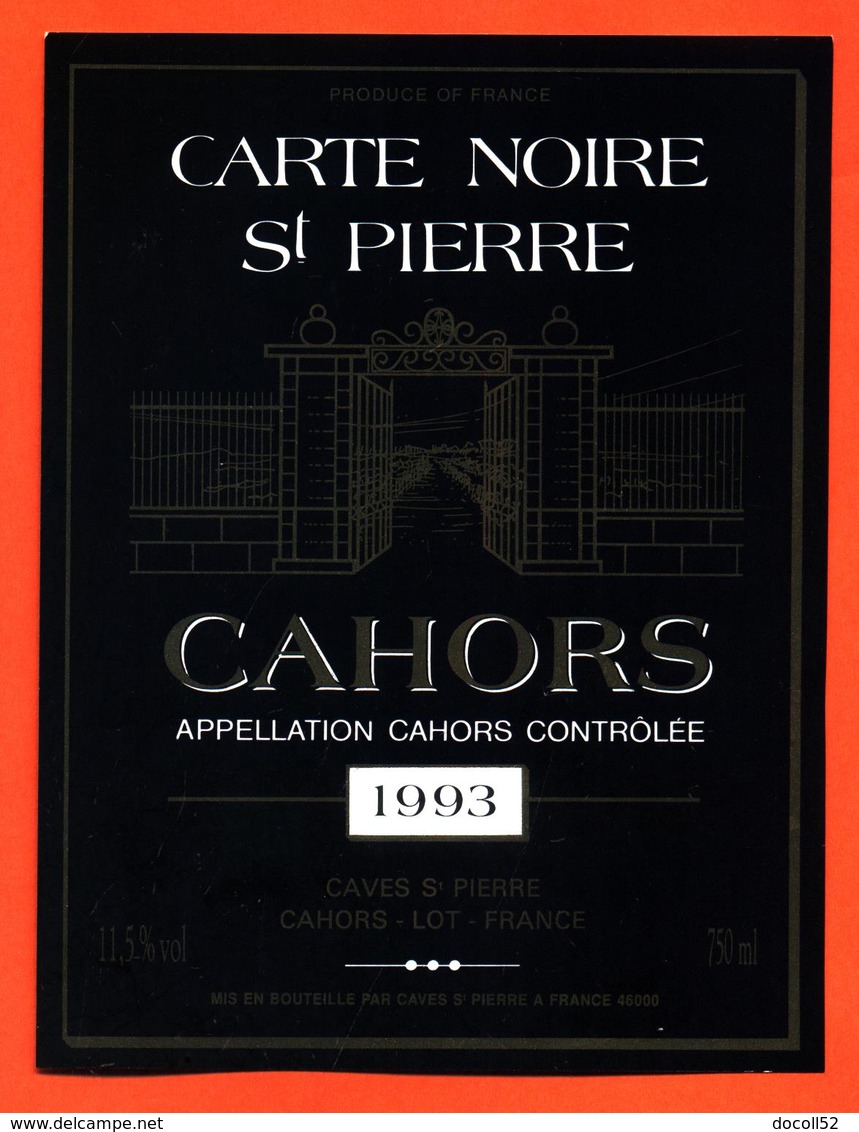 étiquette Vin De Cahors Carte Noire Saint Pierre 1993 Caves à Cahors - 75 Cl - Cahors