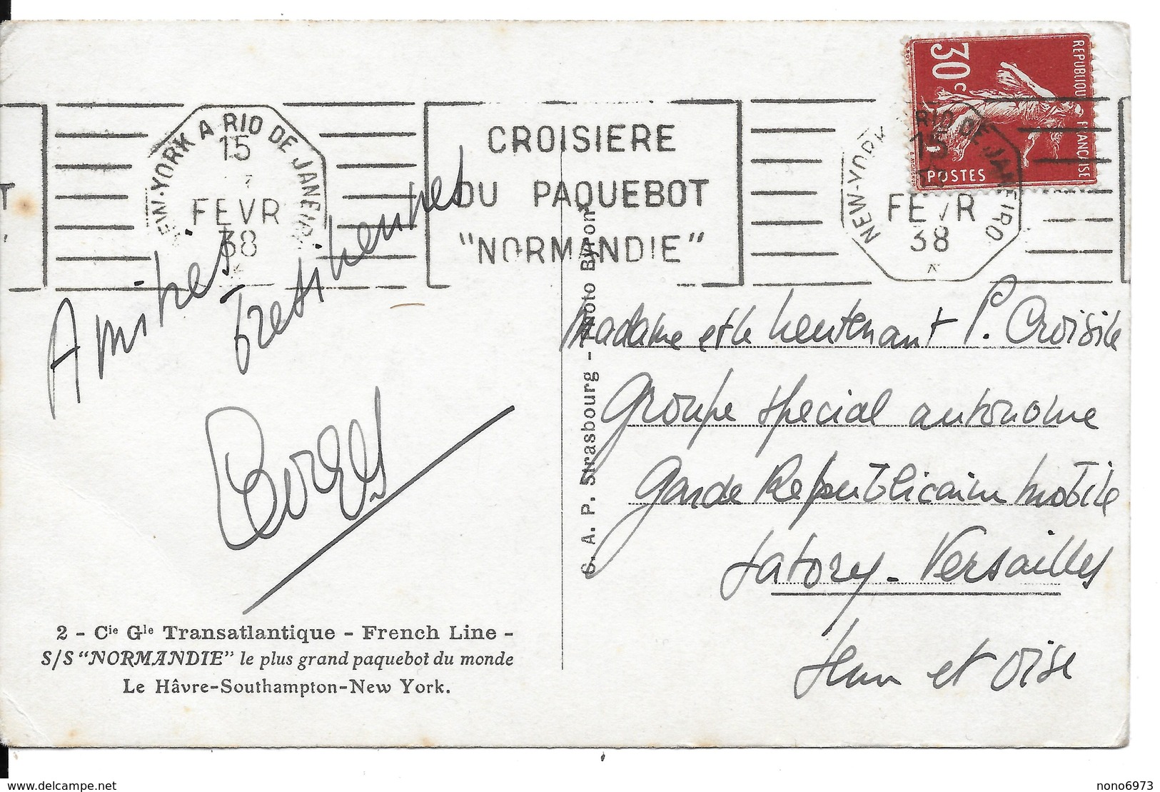 CPA S/S Normandie Oblitération De New York à Rio De Janeiro " Croisière Du Paquebot Normandie " 1938 - Poste Maritime