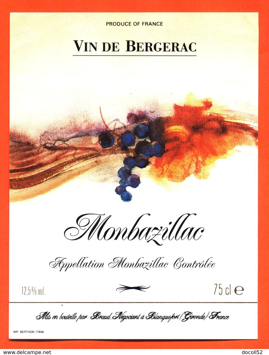 étiquette Vin De Bergerac Monbazillac Ets Braud à Blanquefort - 75 Cl - Monbazillac