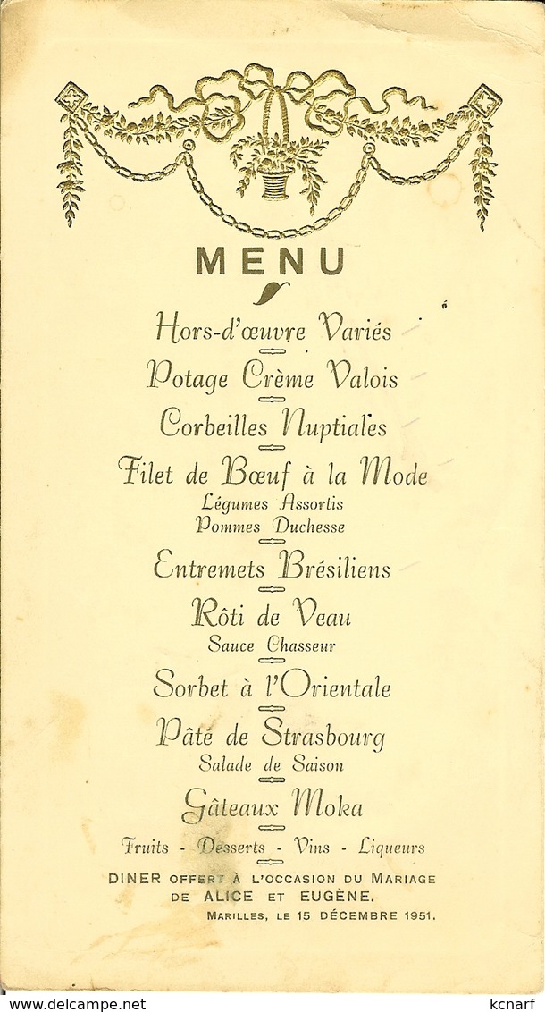 Vieux MENU De MARILLES ( ORP-JAUCHE ) 1951 . - Menus