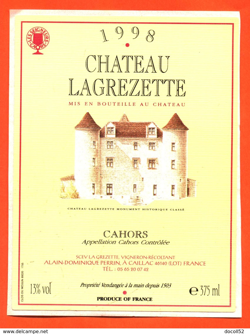 étiquette Autocollante De Vin De Cahors Chateau Lagrezette 1998 Perrin à Caillac - 37,5 Cl - Cahors