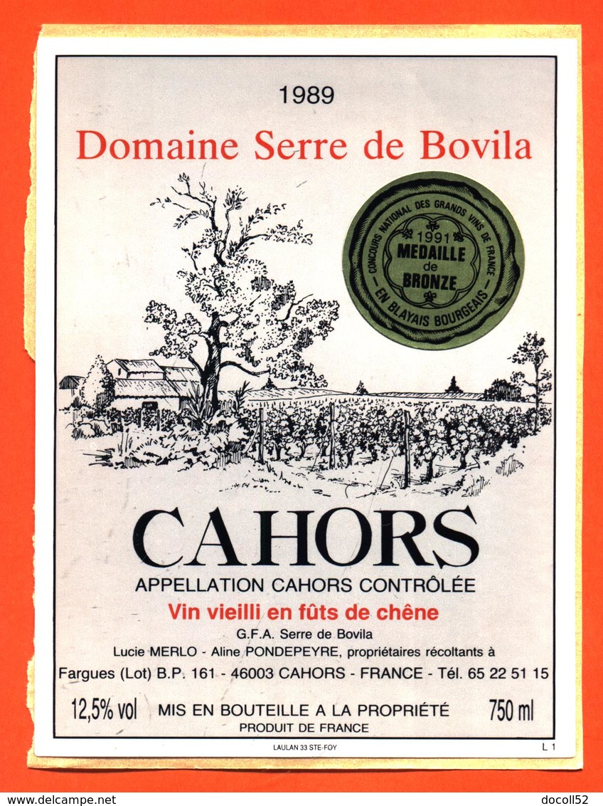 étiquette Autocollante De Vin De Cahors Domaine Serre De Bovila 1989 Pondepeyre à Fargues - 75 Cl - Medaillé - Cahors