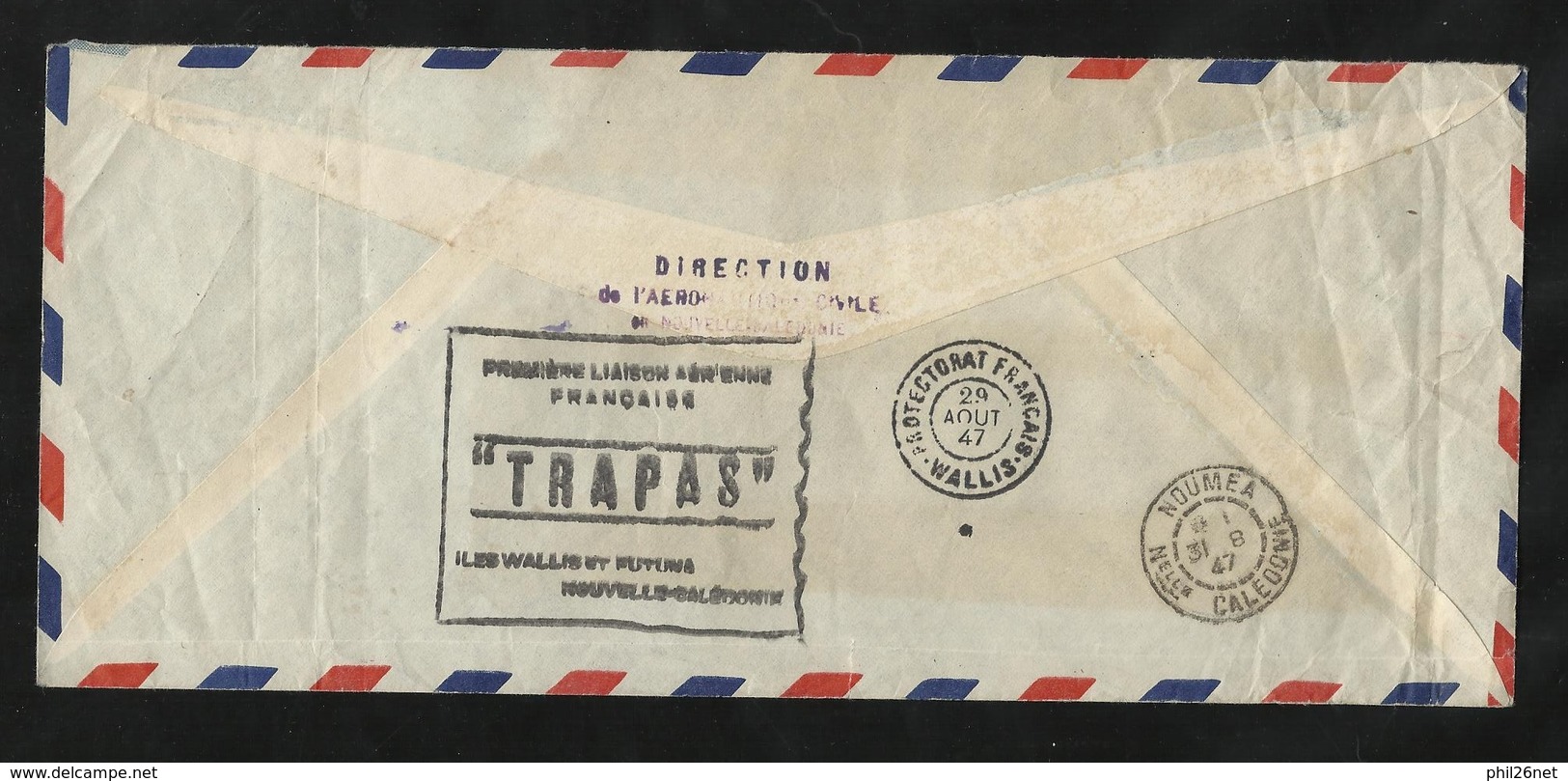 Nouvelle Calédonie Lettre Avion Nouméa Le 27/8/1947 Les N°236 X2; 254 PA N°48 Lyon Via Wallis 29/08 1ere Liaison TRAPAS - Covers & Documents