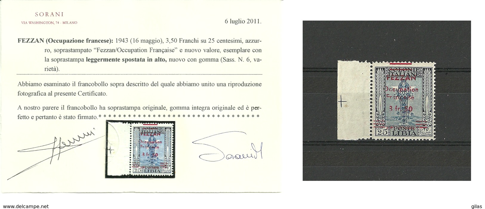 1943 FEZZAN 3,50 Fr. Su 25 Cent MNH Cert Sorani Soprastampa Spostata - Fezzan & Ghadames