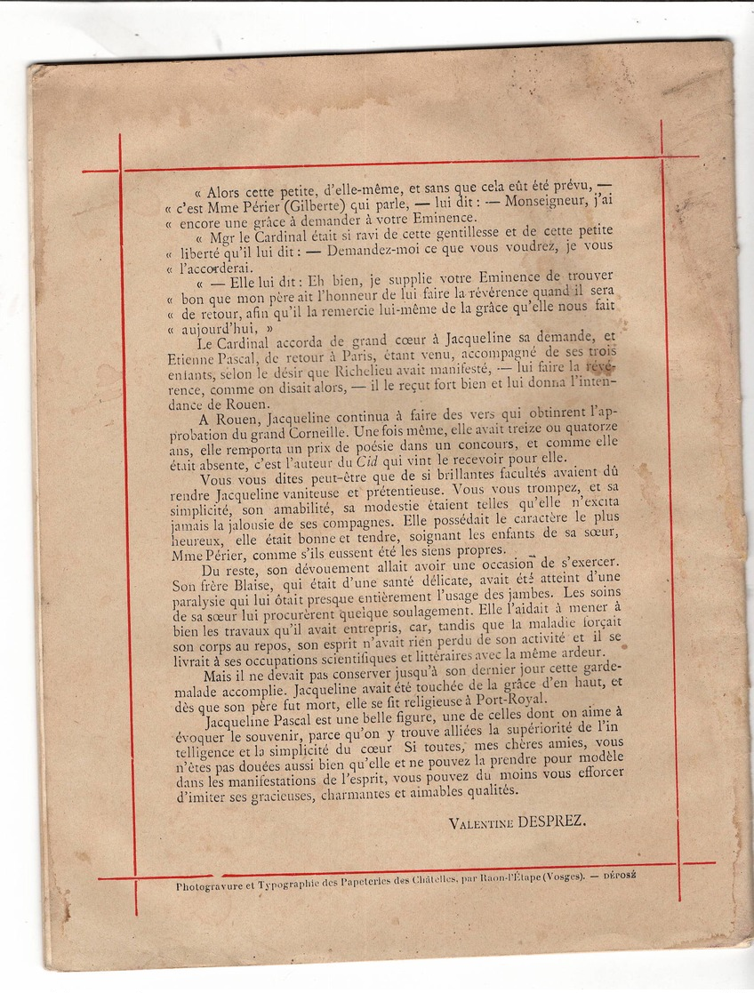 Jacqueline Pascal ,Richelieu . Illustré Par Georges DASCHER Cahier  Complet  32 Pages écrites  1898. - Other & Unclassified