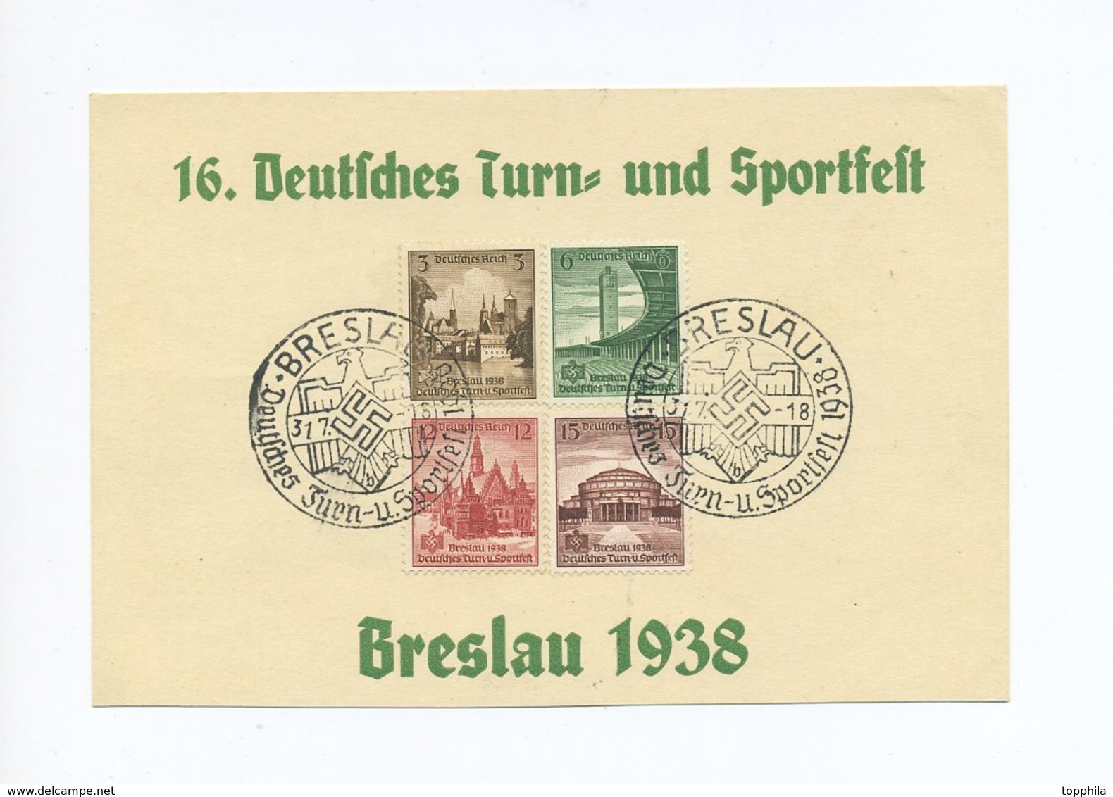 1938 3.Reich  Schönes Gedenkblatt Satzfrankatur Dt. Turn- Und Sportfest Breslau  Mi 665-668 - Briefe U. Dokumente