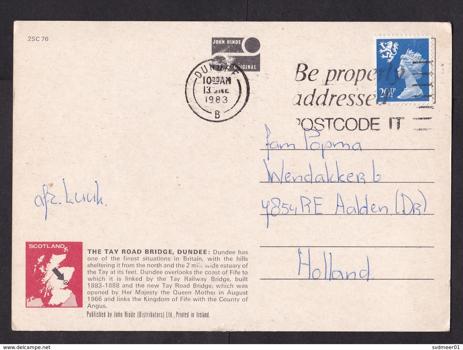 UK: PPC Picture Postcard Dundee To Netherlands, 1983, 1 Stamp, Machin, Regional Issue Scotland (minor Damage) - Brieven En Documenten