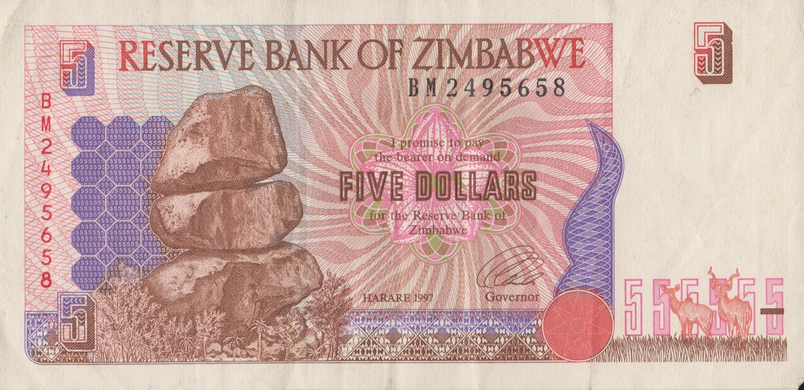 Zimbabwe / 5 Dollars / 1997 / P-5(a) / VF - Zimbabwe