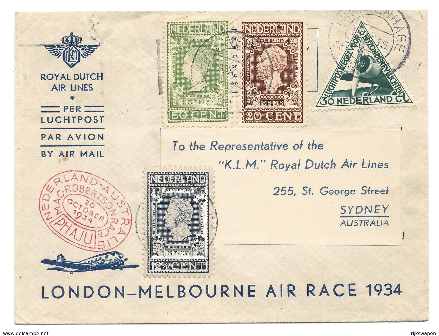 Nederland Luchtpostbrief London-Melbourne Met Jubileumzegels 1913 - Lettres & Documents