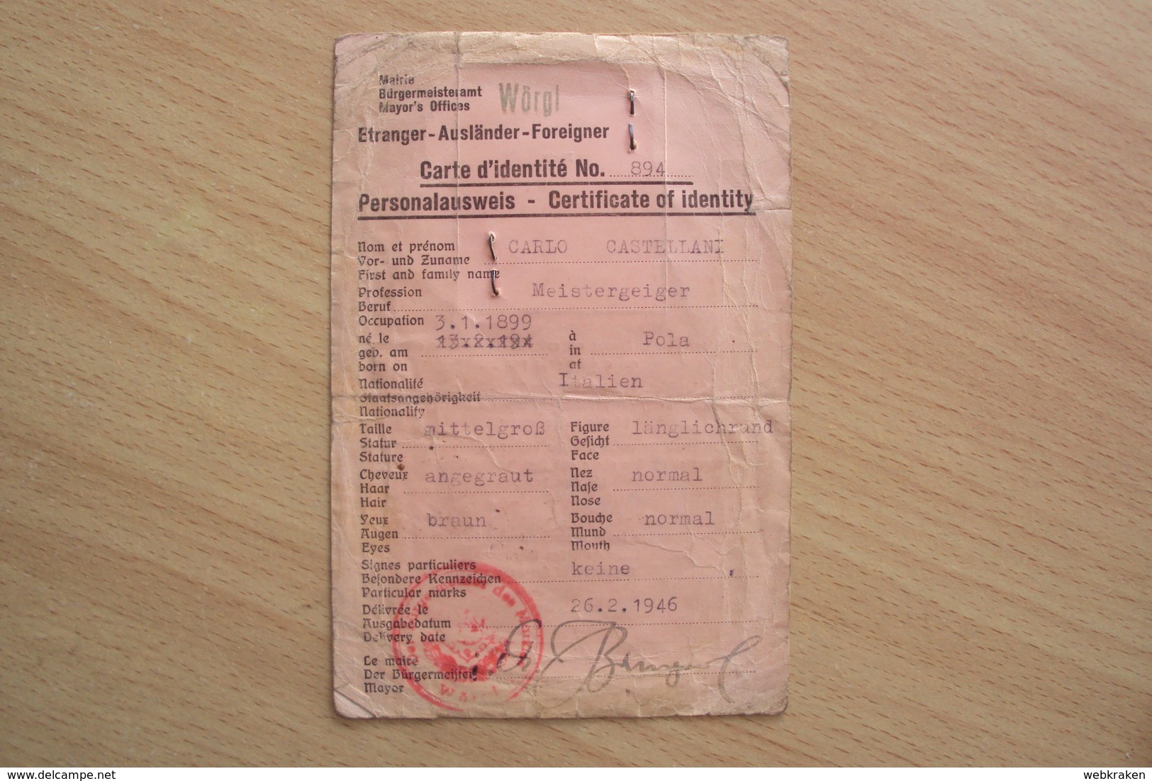 TESSERA DOCUMENTO IDENTITà PASSAPORTO IDENTITY CARD FOR FOREIGNERS PERSONALAUSWEISS 1946 - Documents Historiques