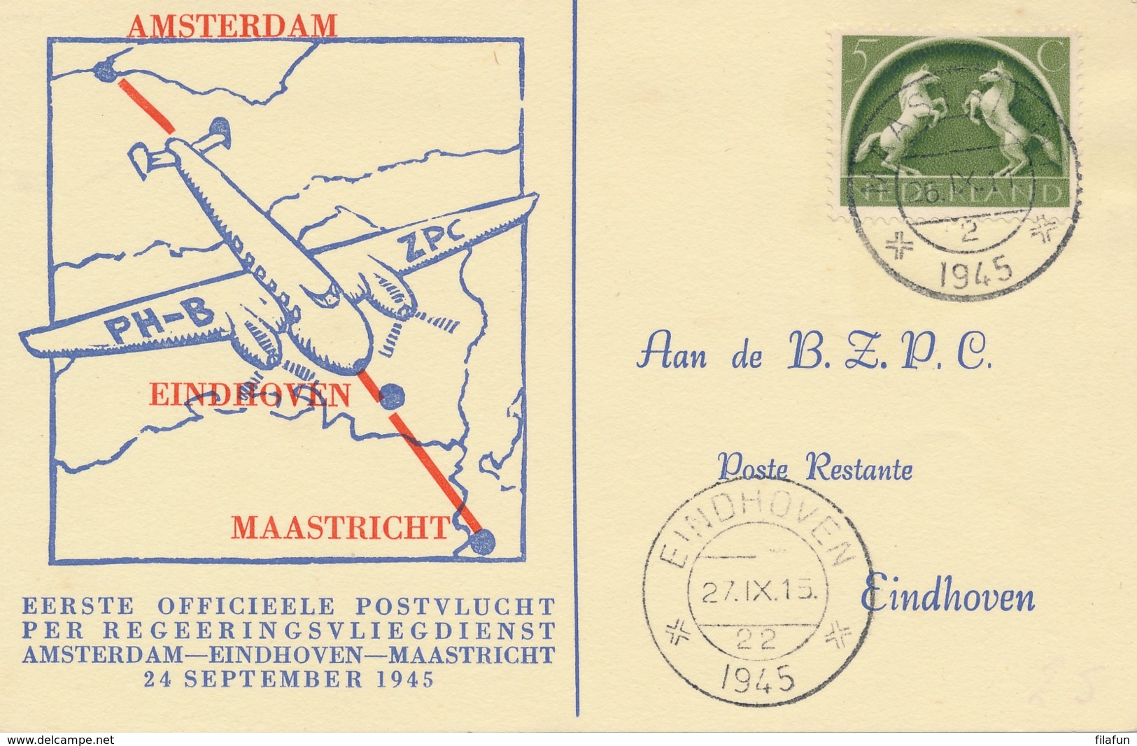Nederland - 1945 - Noodstempels Eindhoven/22 En Maastricht/2 Op Eerste Vlucht Maastricht - Eindhoven - Luftpost
