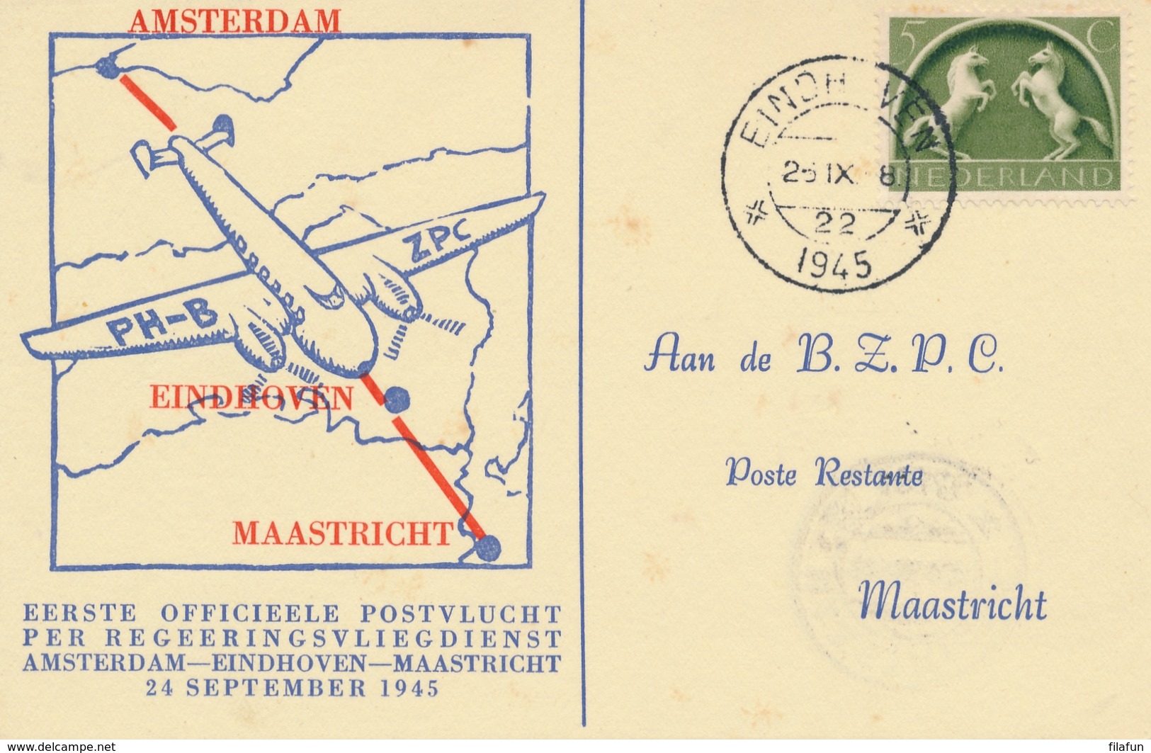 Nederland - 1945 - Noodstempels Eindhoven/22 En Maastricht/8 Op Eerste Vlucht Eindhoven - Maastricht - Luchtpost
