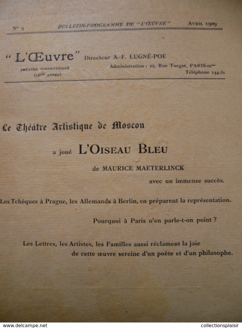 PROGRAMME AVRIL 1909 DU THEATRE L'OEUVRE DESSIN PAUL IRIBE - Programmi