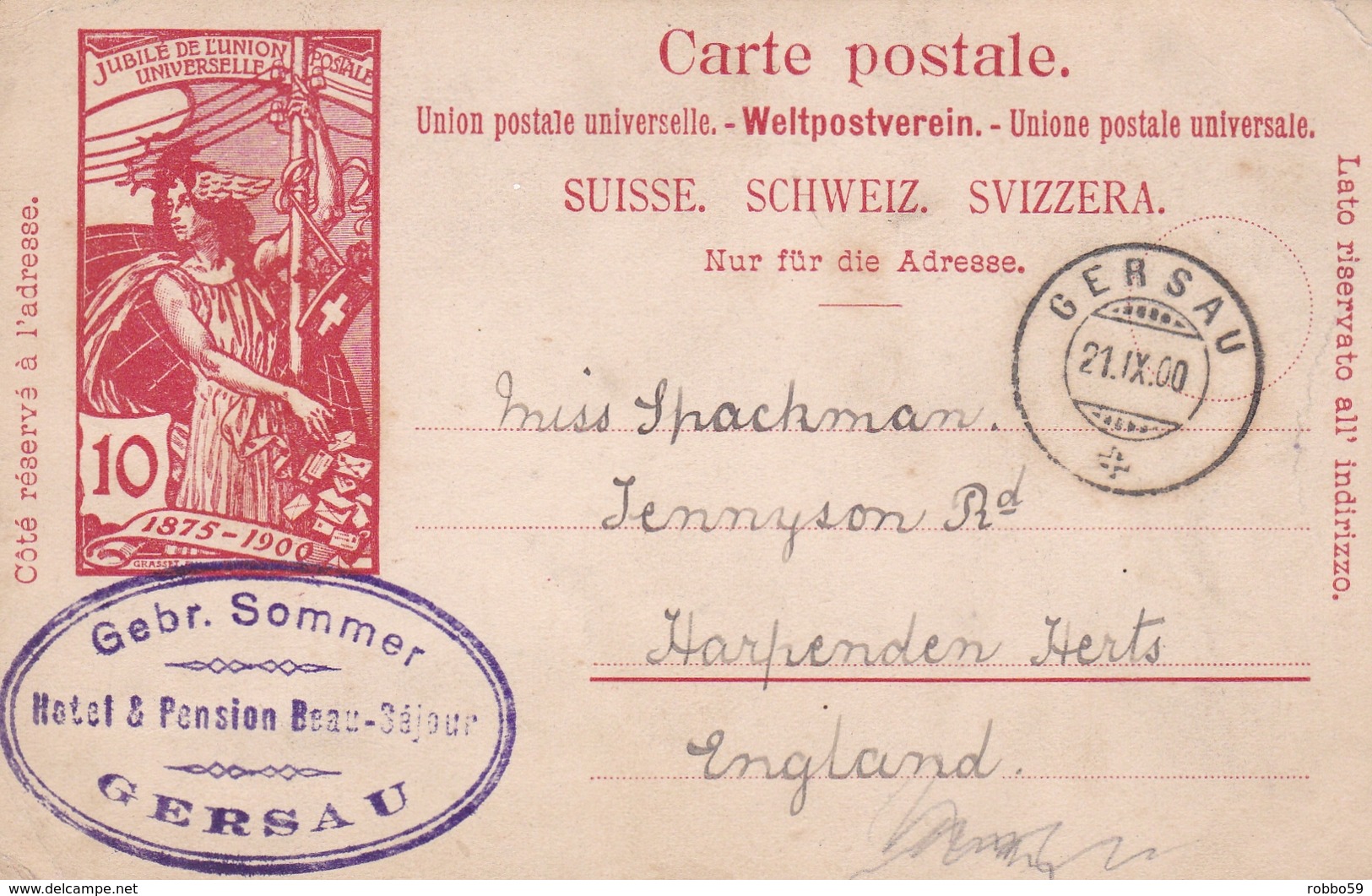 Switzerland 1900 Gebr Sommer Hotel And Pension Gerau To Harpenden 10c Prepaid Postcard - Briefe U. Dokumente