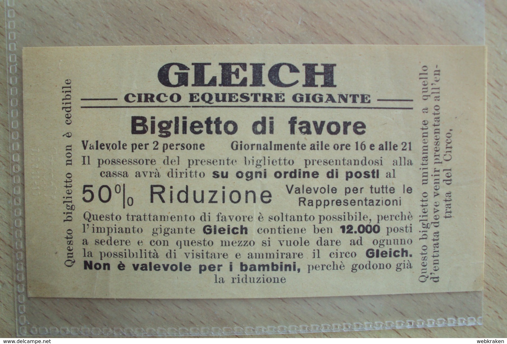 BIGLIETTO DI FAVORE DEL CIRCO EQUESTRE GIGANTE GLEICH (SC1) - Biglietti D'ingresso