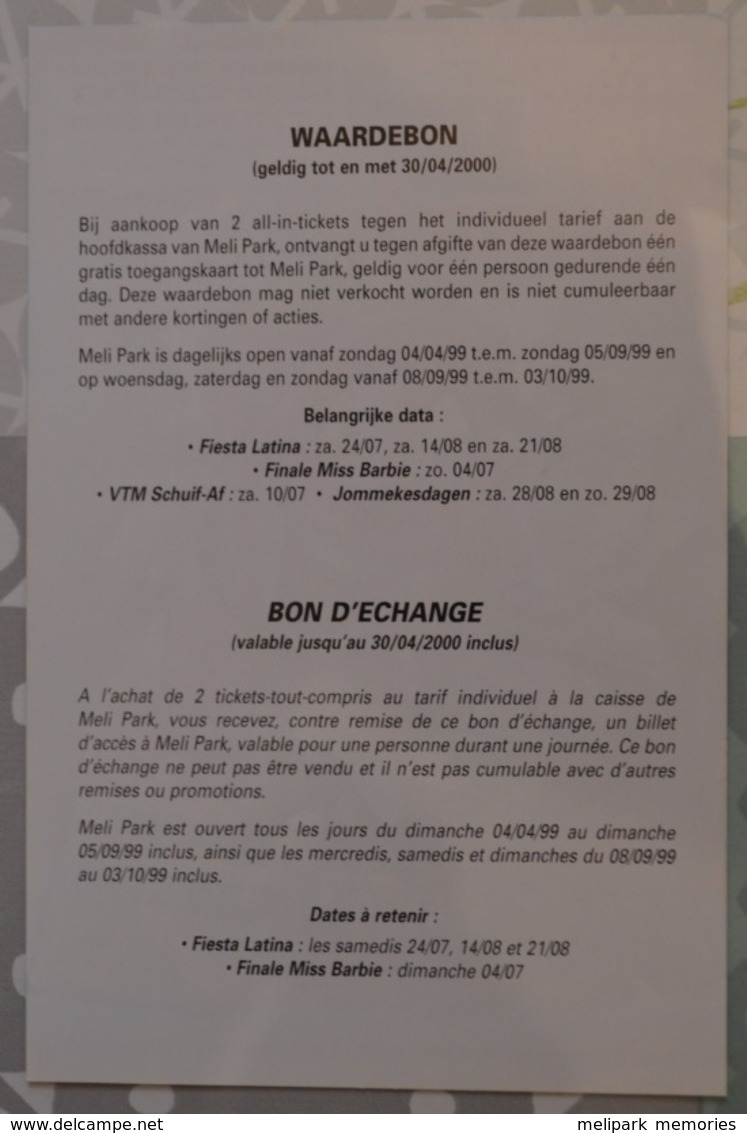 Ticket De Réduction Pour Meli Park (1999) / Verminderingsticket Voor Meli Park (1999) - Tickets D'entrée