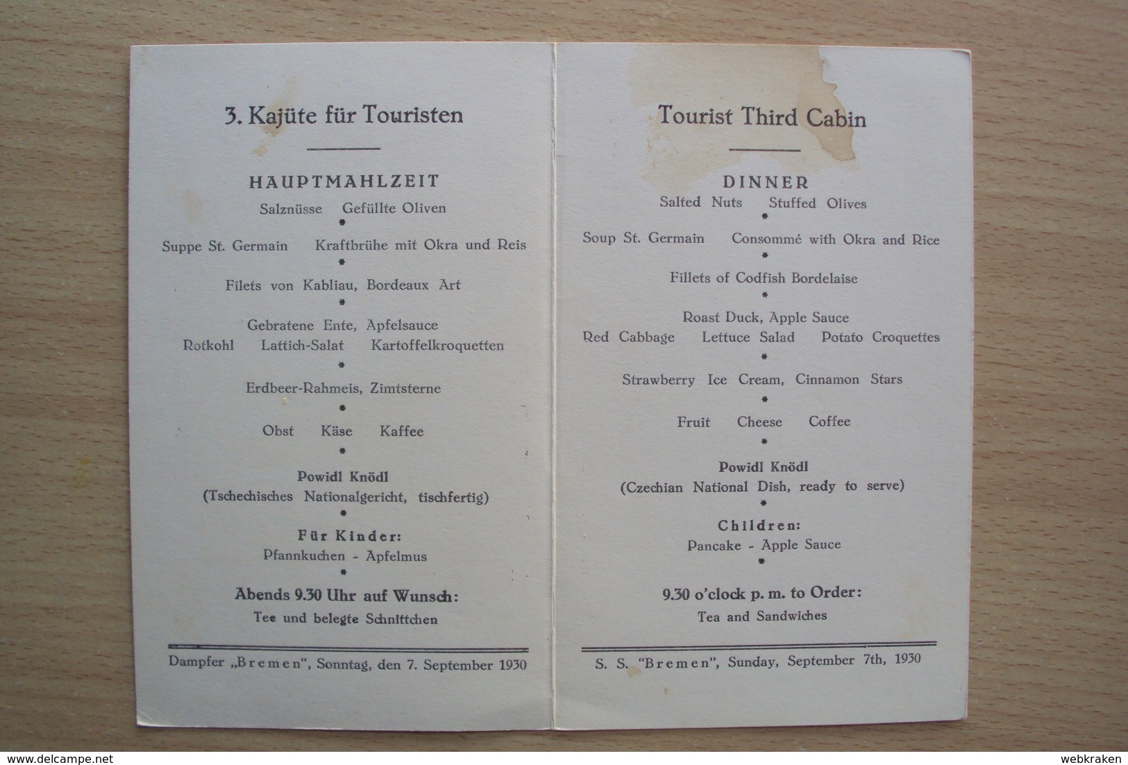 GERMANIA GERMANY MENU FORMATO PICCOLO NORD DEUTSCHER LLOYD S.S. BREMEN 1933 (SC1) - Menus