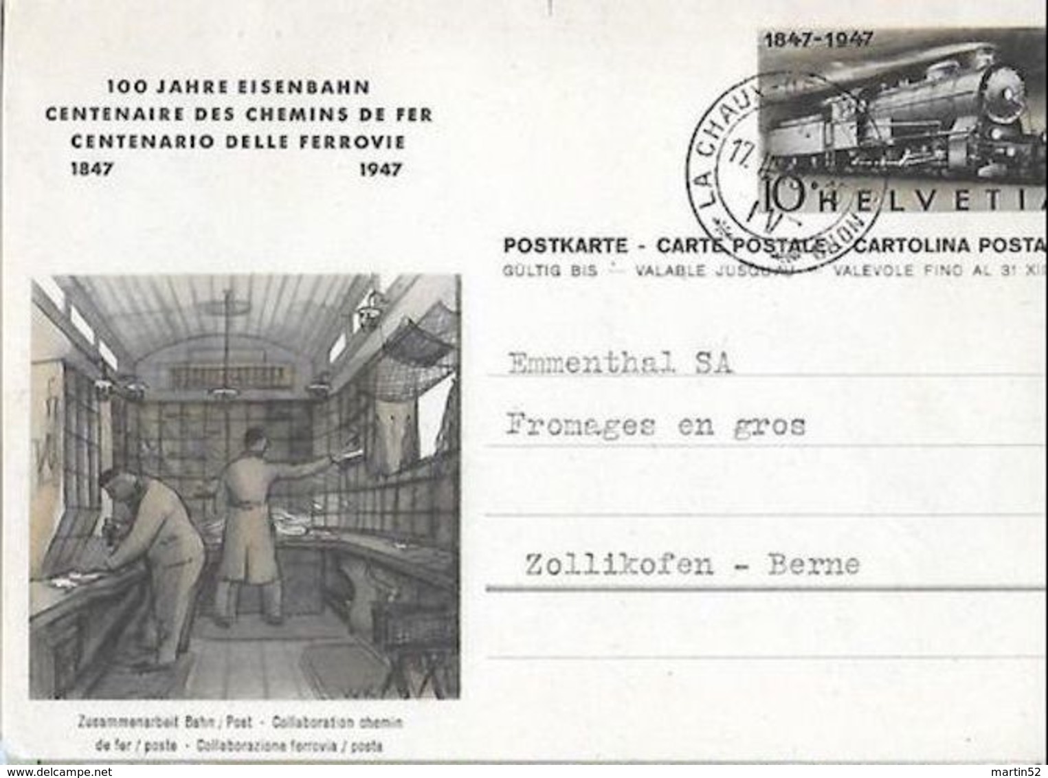 Schweiz Suisse 1947: Bild-PK 100 Jahre Eisenbahn (Bahn > Post) O LA-CHAUX-DE-FONDS 17.II.48 - Stamped Stationery