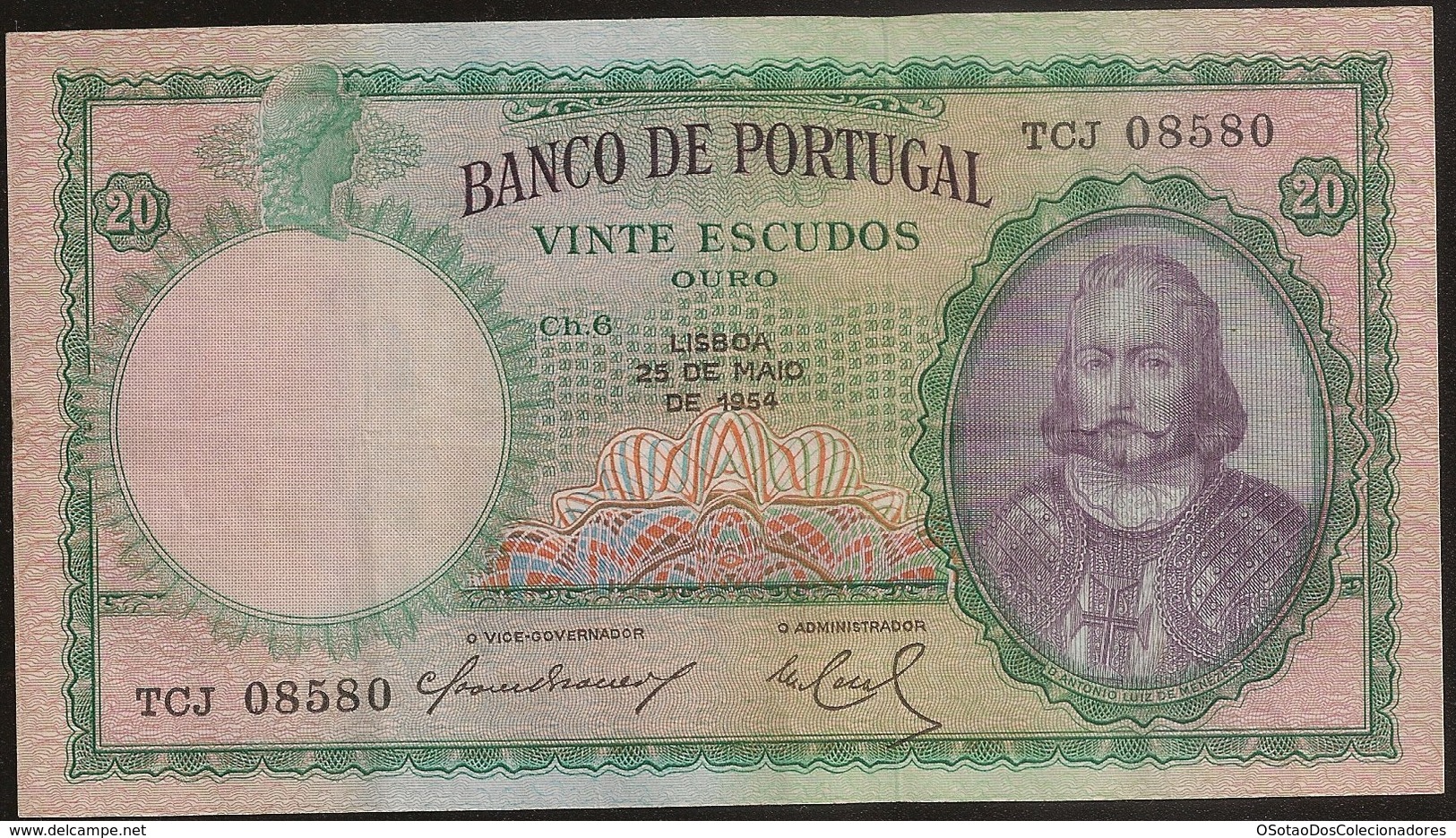 Nota Portugal Capicua - Banknote Portugal Palindrome - 20 Escudos 25 Maio 1954 - D. Antonio Luiz De Meneses - MBC + - Portugal