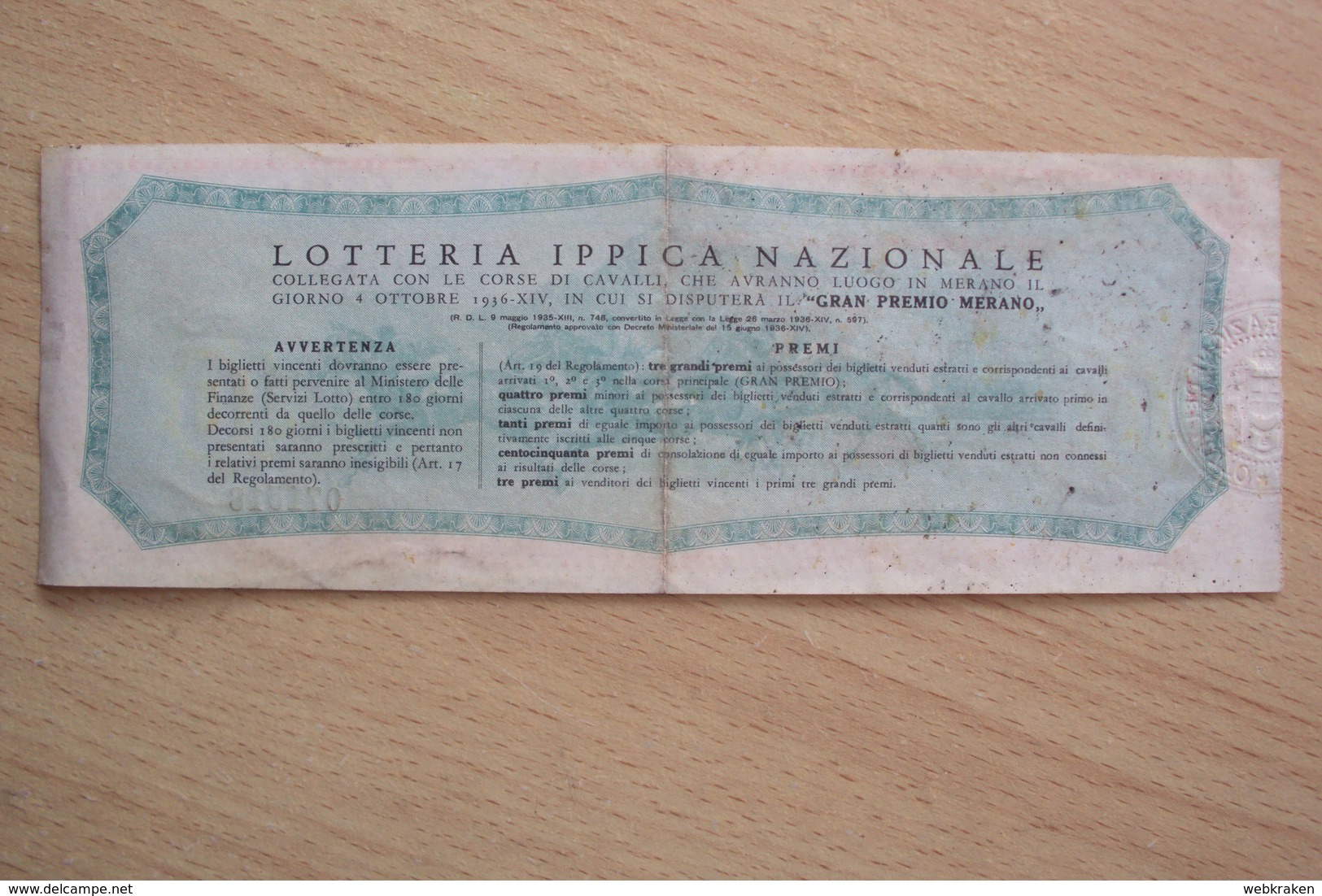 VECCHIO BIGLIETTO DELLA GRANDE LOTTERIA IPPICA NAZIONALE DI MERANO 1936 CAVALLI (SC1) - Biglietti Della Lotteria