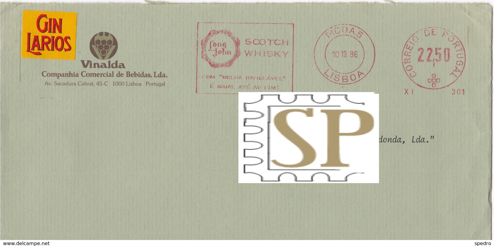 Portugal 1986 Franquia Mecânica Cover Scotch Whisky Long John Ema Red Meter Freistempel Postmark Lisboa Drink Gin - Vins & Alcools