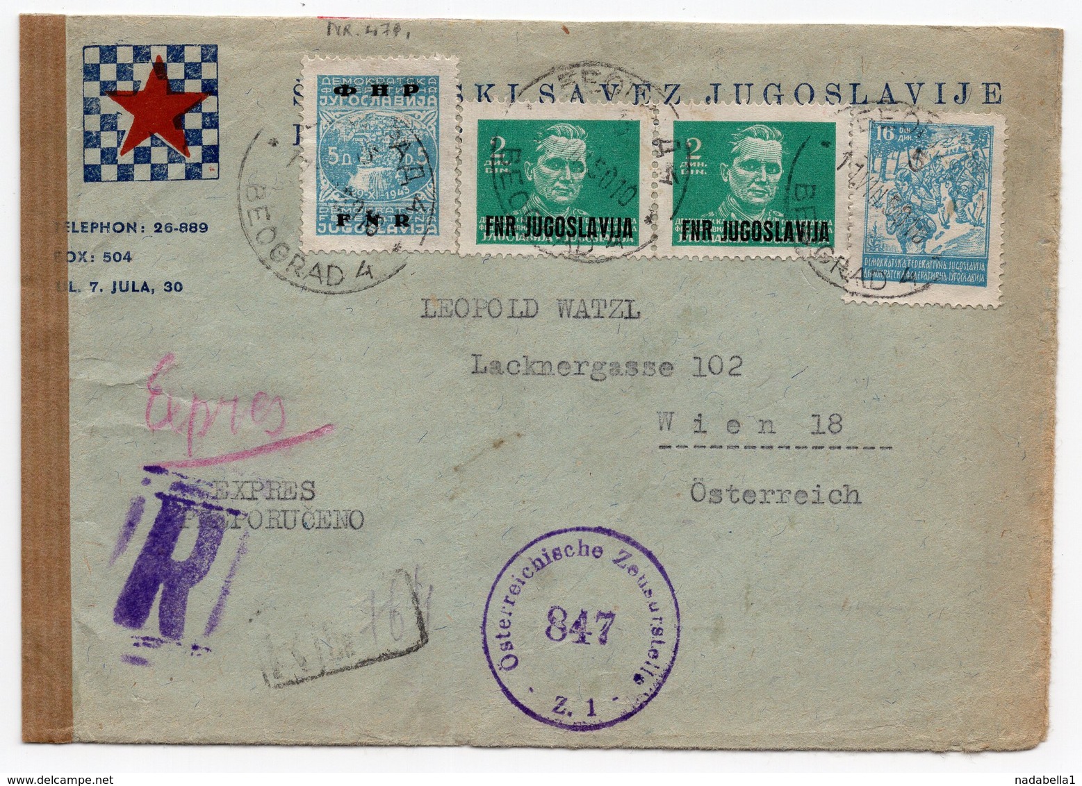 1950 YUGOSLAVIA, SERBIA, CENSORED ,YUGOSLAV CHESS ASSOCIATION, REGISTERED EXPRESS LETTER TO VIENA, AUSTRIAN CENSORSHIP - Covers & Documents