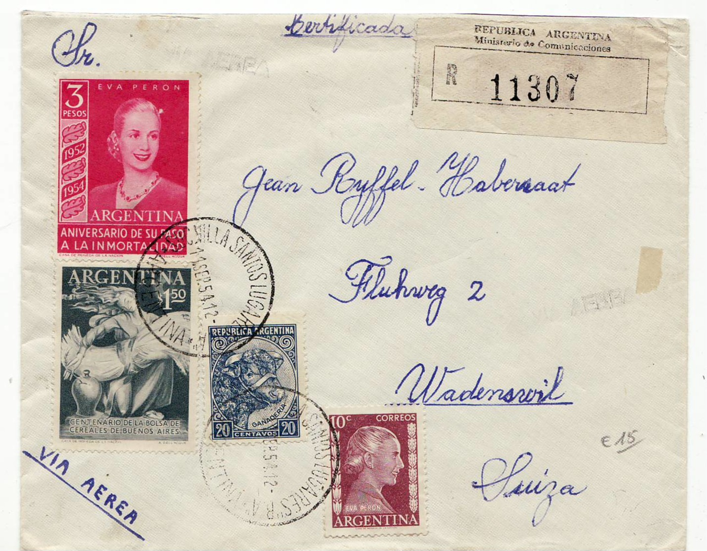 01024 ARGENTINA VILLA SANTO LUGARE EVA PERON  STAMPS TO HELVETIA - Storia Postale