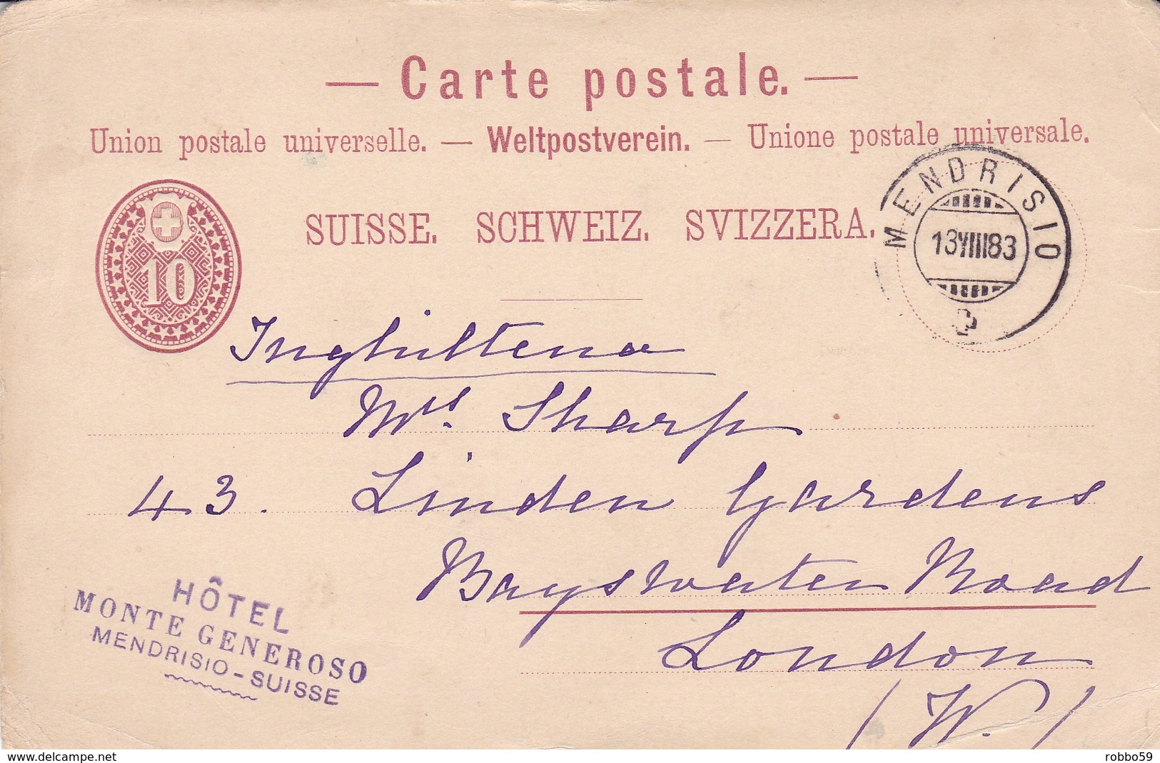 Switzerland 1883 Hotel Monte Generoso Mendrisio To London 10c Prepaid Postcard - Covers & Documents