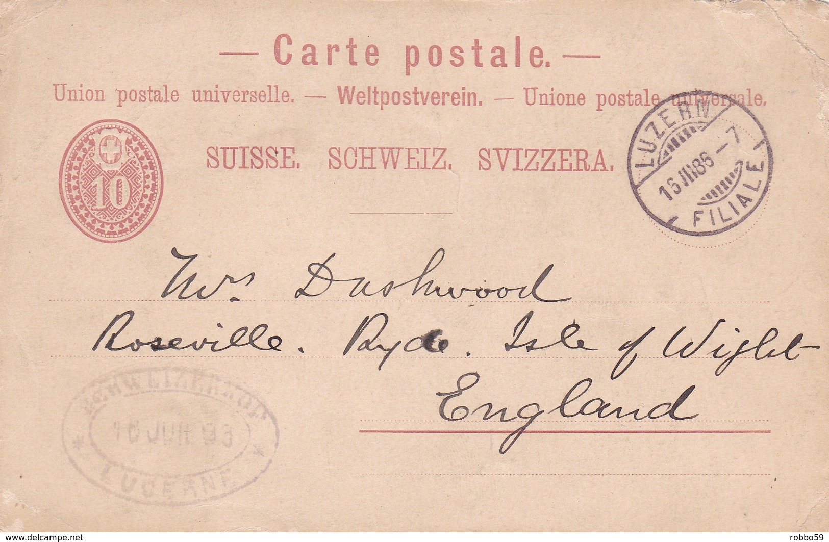 Switzerland 1886 Luzern To Isle Of Wight 10c Prepaid Postcard - Briefe U. Dokumente