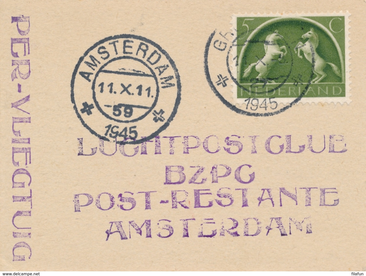 Nederland - 1945 - 5 Cent Germaanse Symbolen Op 1e Na-oorlogse Vlucht Groningen - Amsterdam - Luftpost