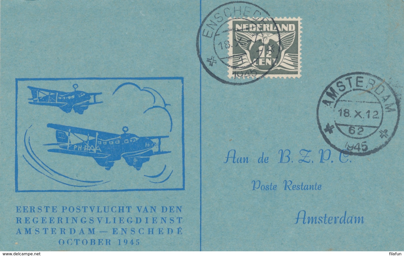 Nederland - 1945 - 1,5 Cent  Cijfer Op 1e Na-oorlogse Vlucht Enschede - Amsterdam - Luftpost