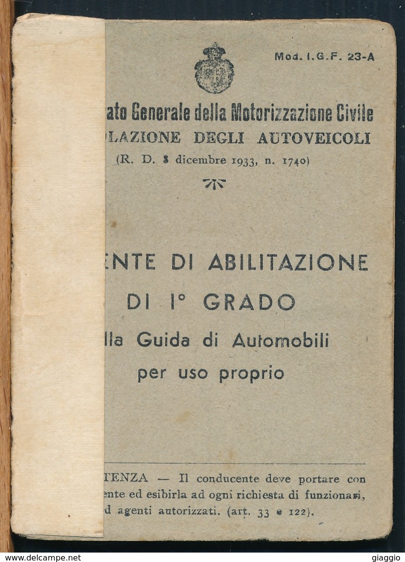 °°° PATENTE ABILITAZIONE I° GRADO 1943 CON FOTO °°° - Materiale E Accessori