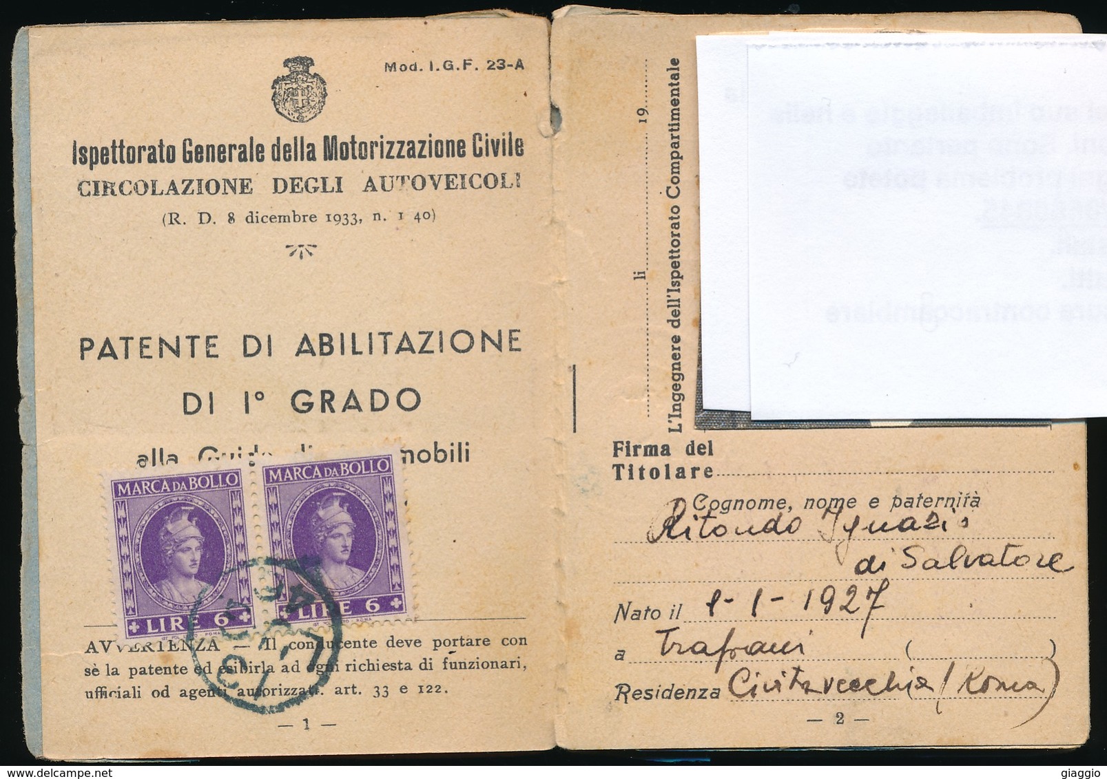 °°° PATENTE ABILITAZIONE I° GRADO 1943 CON FOTO °°° - Materiale E Accessori