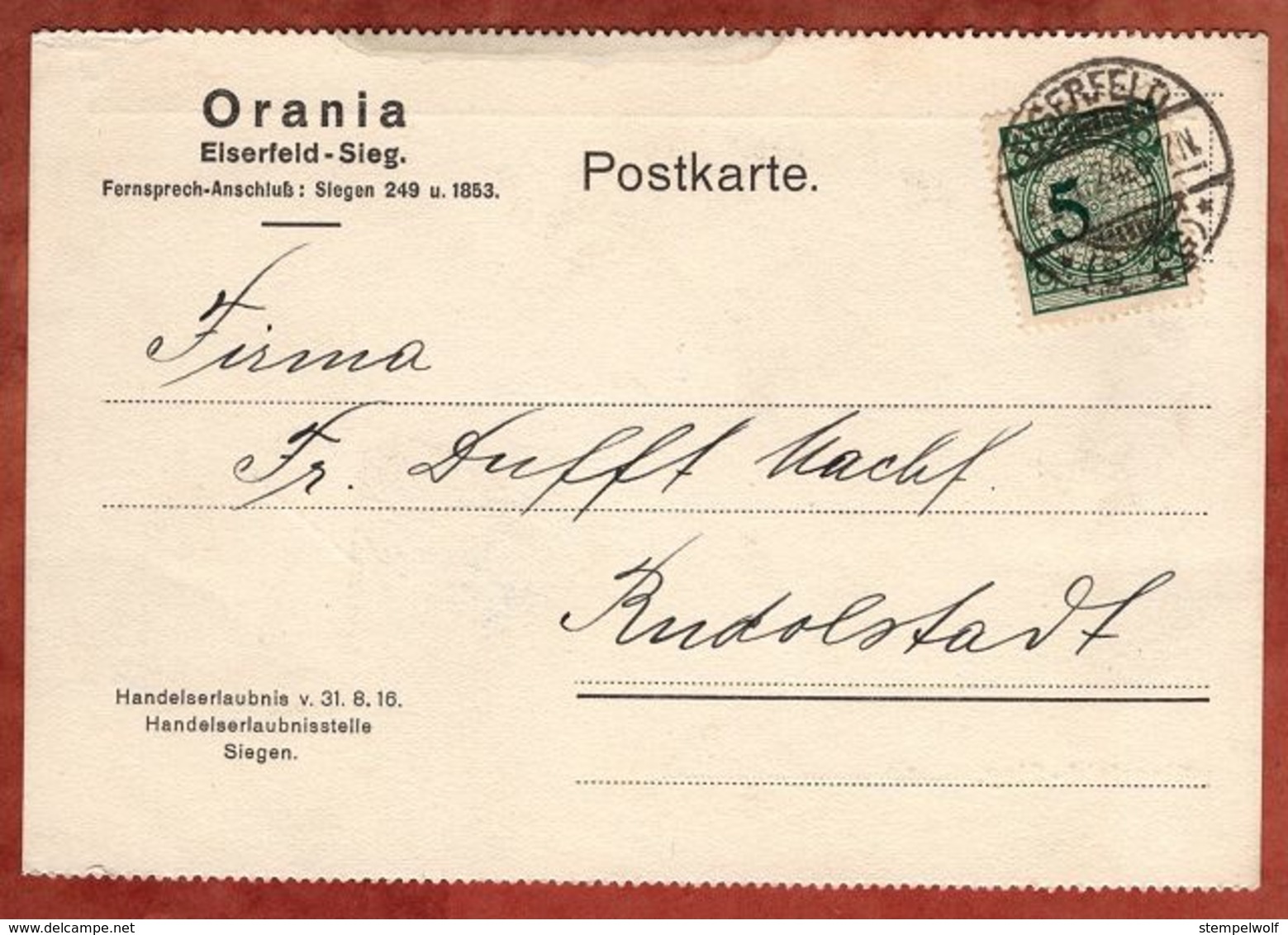 Karte, Orania, Korbdeckel Extreme Passerverschiebung Der 5, Eiserfeld Nach Rudolstadt 1924 (72927) - Briefe U. Dokumente