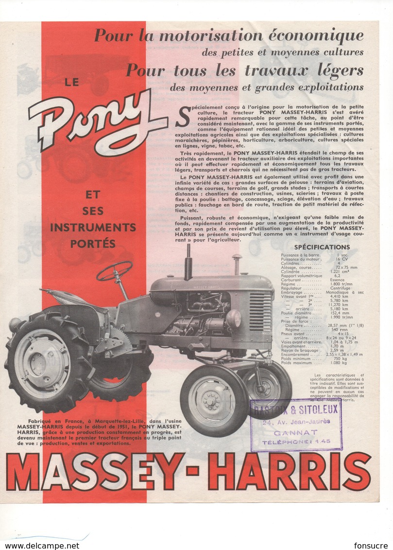 Prospectus Agricole Tracteur MASSEY HARRIS Le PONY Et Ses Instruments Agricoles No SFV Fiat Ford Someca - Agriculture