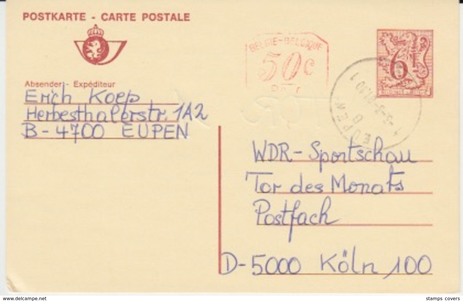 BELGIUM USED CARTE POSTALE LION HERALDIQUE EUPEN KOLN - Postcards 1951-..